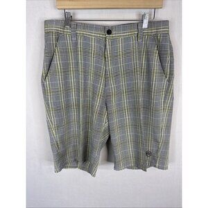 Travis Mathew Plaid Golf Shorts Mens 34 Gray Yellow Stretch Casual
